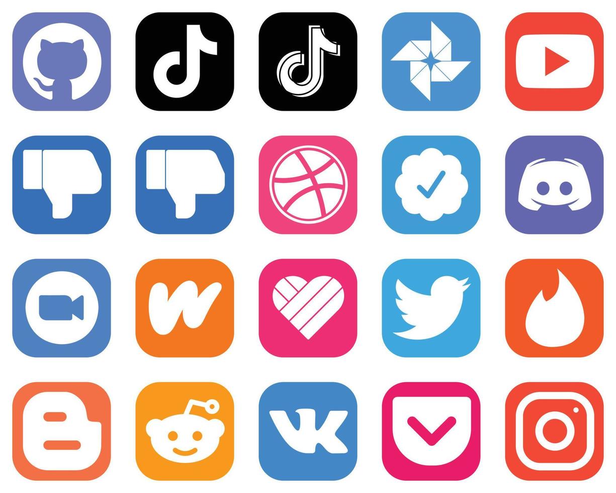 20 íconos esenciales de las redes sociales como el zoom. texto. video. mensajes e íconos de insignia verificados de twitter. iconos de redes sociales degradados vector