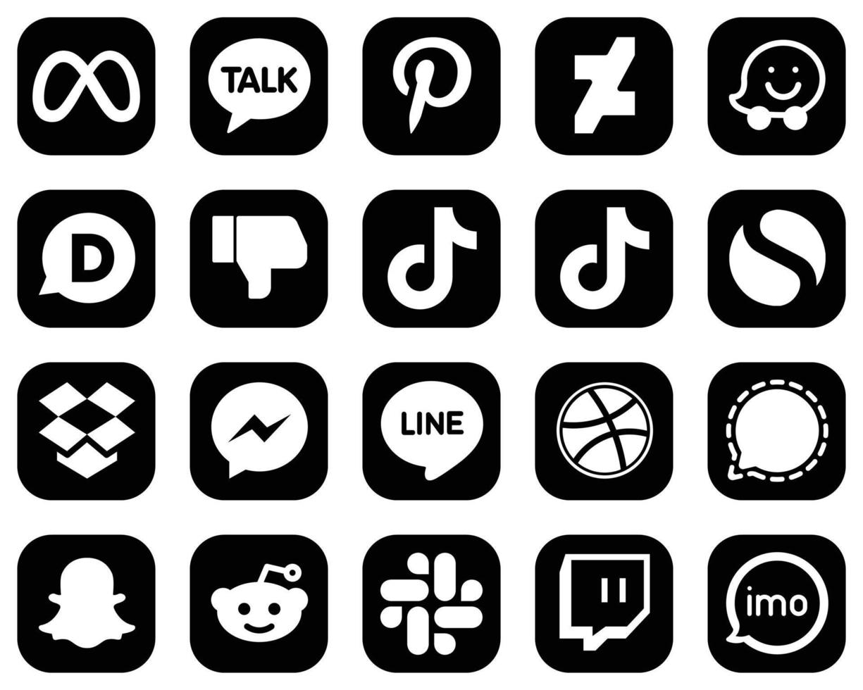 20 íconos de medios sociales blancos de alta calidad sobre fondo negro como facebook. buzón. Facebook. iconos simples y chinos. personalizable y único vector