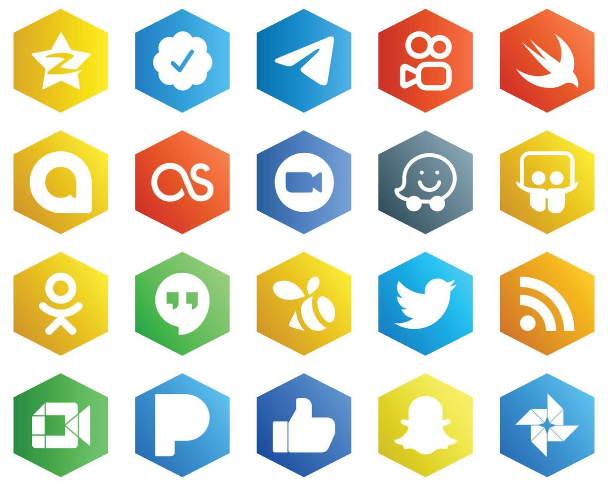 Hexagon Flat Color White Icon Pack such as odnoklassniki. waze. swift and video icons. 25 Elegant Icons vector