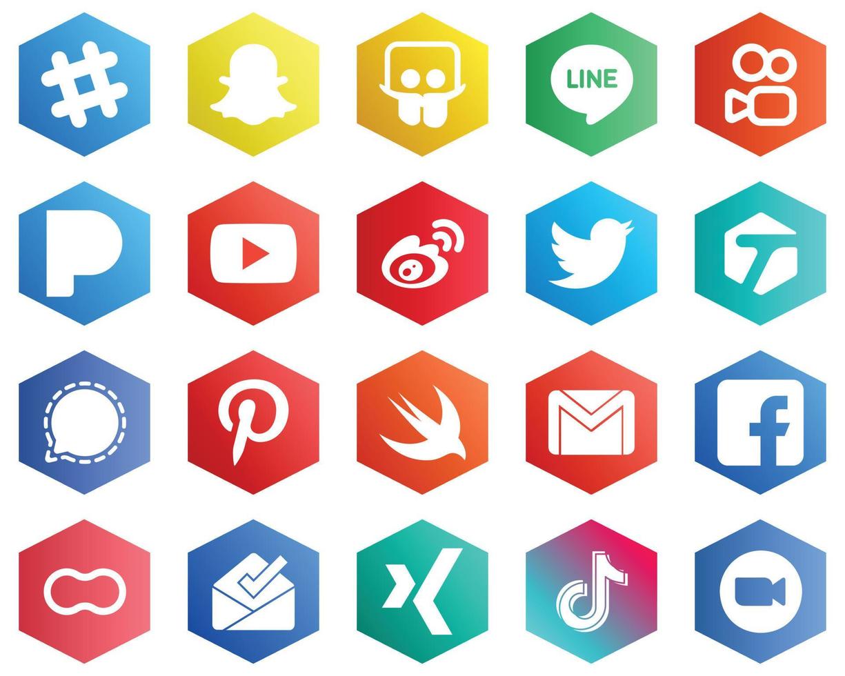 25 Clean White Icons such as signal. weibo. tagged and twitter icons. Hexagon Flat Color Backgrounds vector