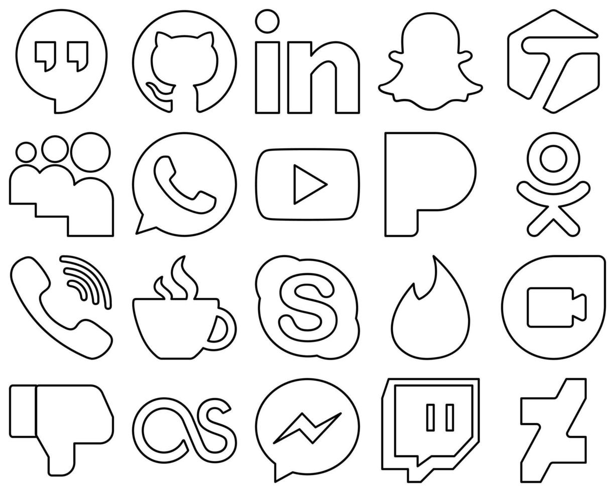 20 High-resolution and customizable Black Line Social Media Icons such as caffeine. youtube and viber icons. Eye-catching and editable vector