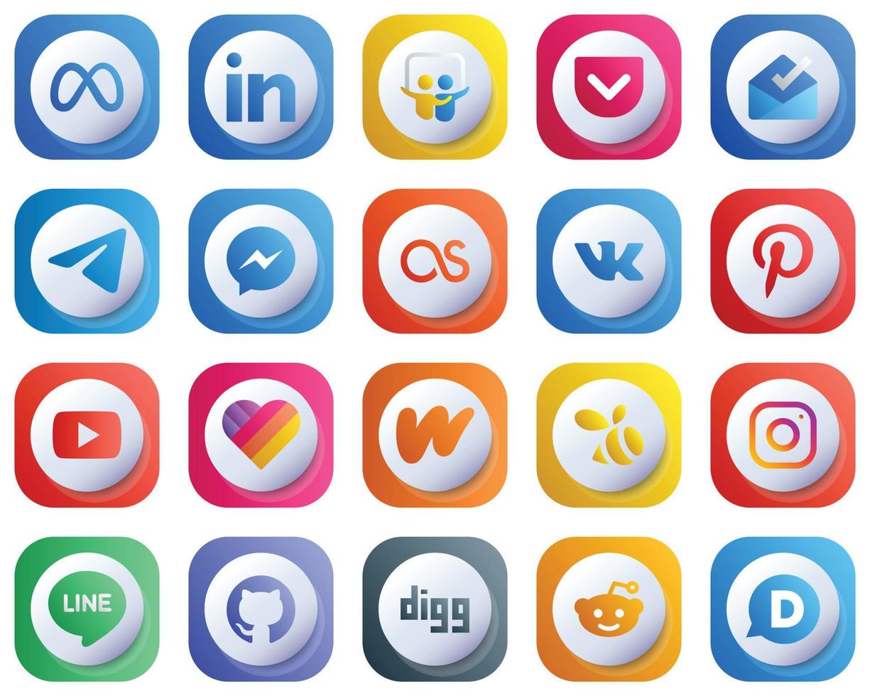 Lindos íconos degradados en 3D para el paquete de 20 de las principales redes sociales, como videos. pinterest Mensajero. iconos vk y fb. moderno y de alta resolución vector