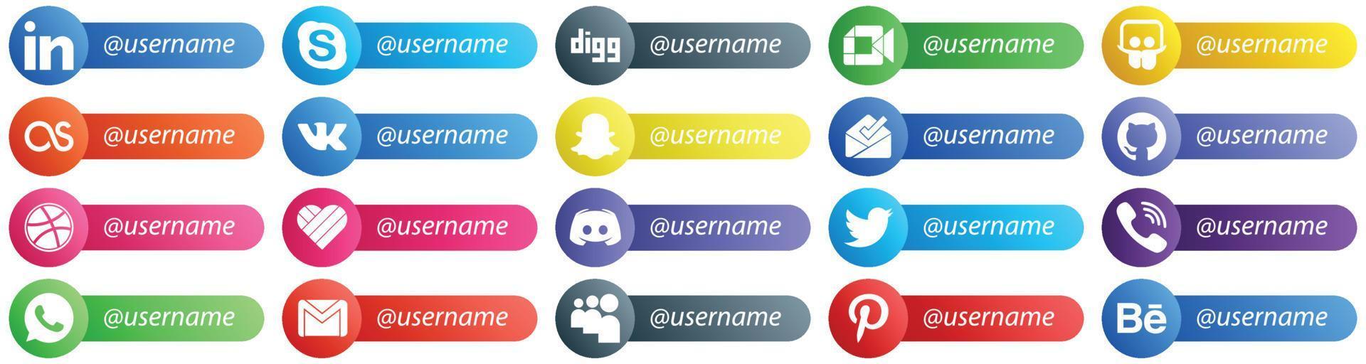 20 modernos iconos de estilo de tarjeta de plataforma de red social sígueme, como mensaje. me gusta compartir diapositivas. iconos de regate y bandeja de entrada. único y de alta definición vector