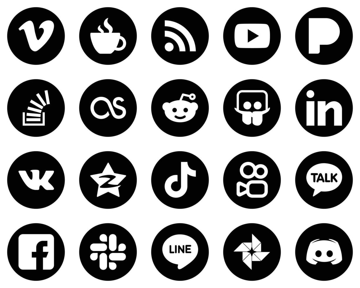 20 íconos versátiles de medios sociales blancos sobre fondo negro como Linkedin. reddit. video. Iconos lastfm y acciones. alta definición y profesional vector