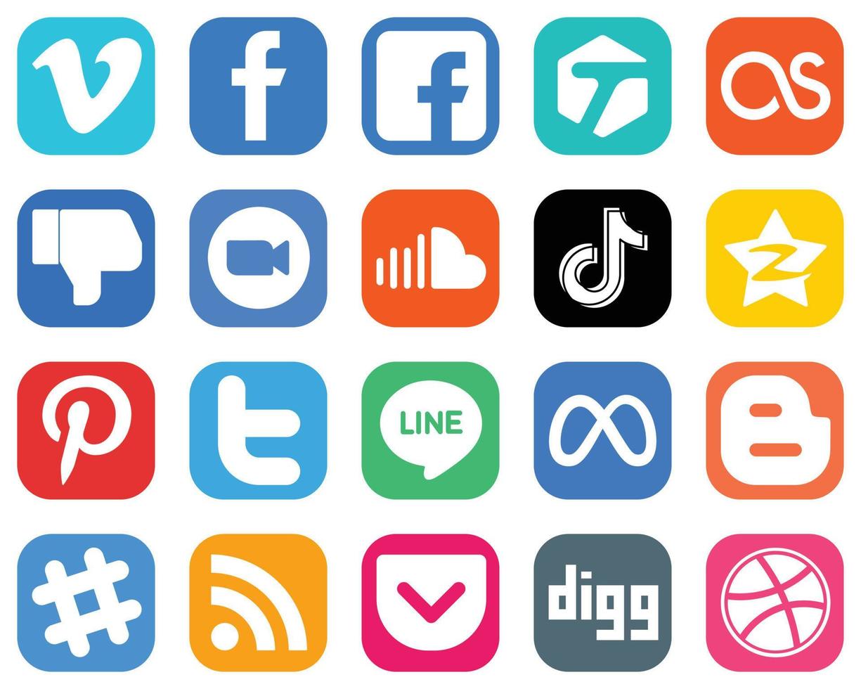 20 íconos únicos de redes sociales como douyin. música. iconos de facebook y sonido. paquete de iconos degradados vector