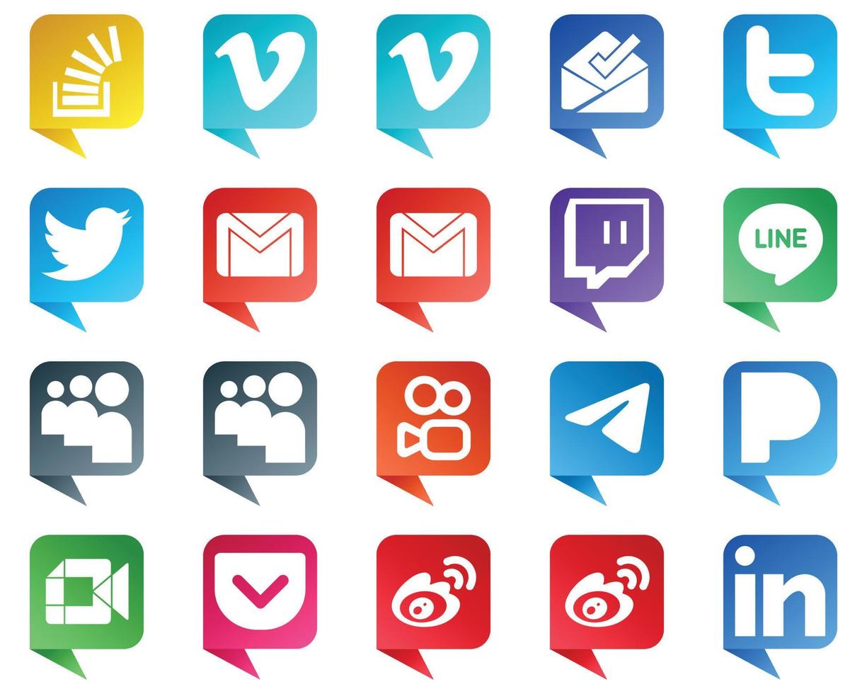 20 High Resolution Chat bubble style Social Media Icons such as messenger. kuaishou. tweet. myspace and twitch icons. Customizable and unique vector