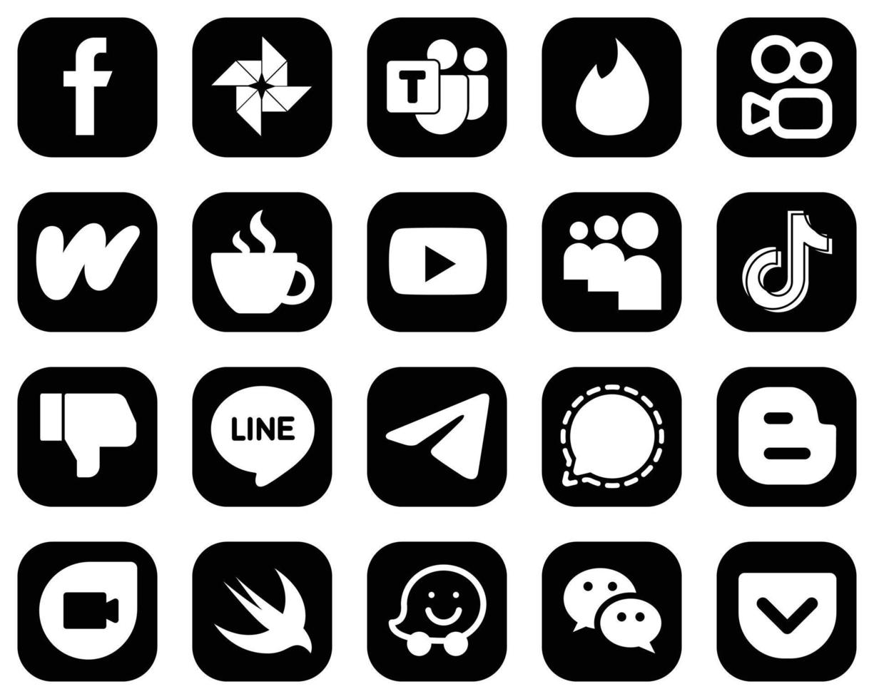 20 High-Quality White Social Media Icons on Black Background such as douyin. myspace. wattpad and video icons. Customizable and unique vector
