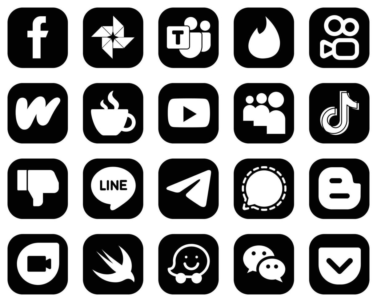20 íconos de redes sociales blancos de alta calidad sobre fondo negro, como douyin. mi espacio. wattpad e íconos de video. personalizable y único vector
