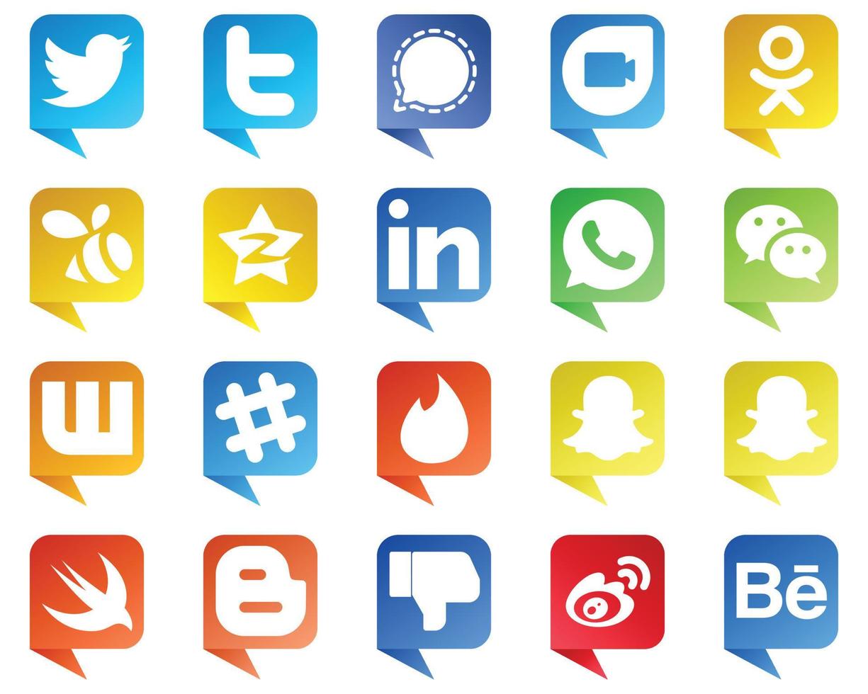 el icono de marca de medios sociales estilo burbuja de chat establece 20 iconos como spotify. Mensajero. qzona. wechat e íconos profesionales. alta resolución y editable vector