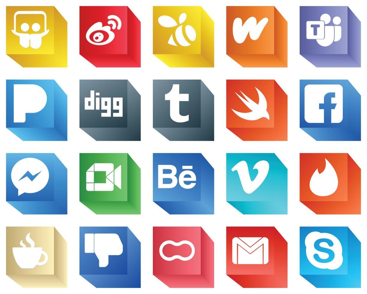 Íconos de redes sociales en 3d para materiales de marketing Paquete de 20 íconos como messenger. pensión completa. equipo de Microsoft iconos de facebook y tumblr. profesional y limpio vector