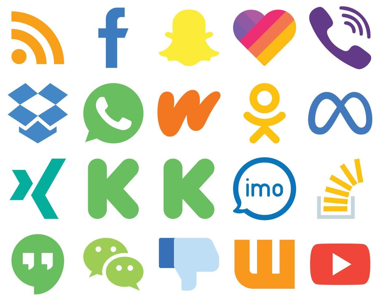 20 conjunto de iconos planos iconos de redes sociales planos xing. meta. Rakuten. iconos de odnoklassniki y wattpad. paquete de iconos degradados vector