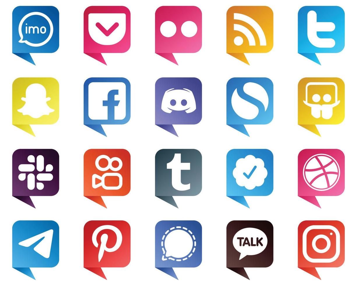 20 íconos de redes sociales estilo burbuja de chat para marcas populares como texto. discordia. iconos de alimentación y facebook. llamativo y editable vector