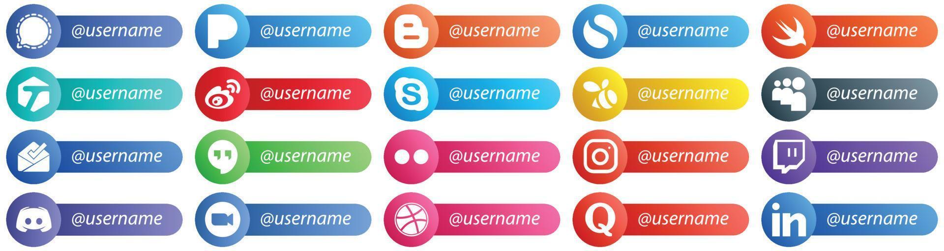 20 estilo de tarjeta con estilo sígueme íconos de redes sociales como la bandeja de entrada. enjambre. iconos etiquetados y de chat. totalmente editable y versátil vector