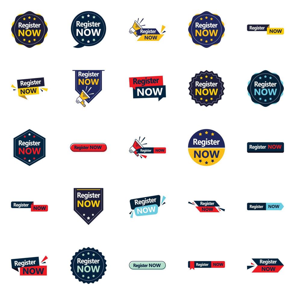 25 banners tipográficos versátiles para promover el registro en todas las plataformas vector