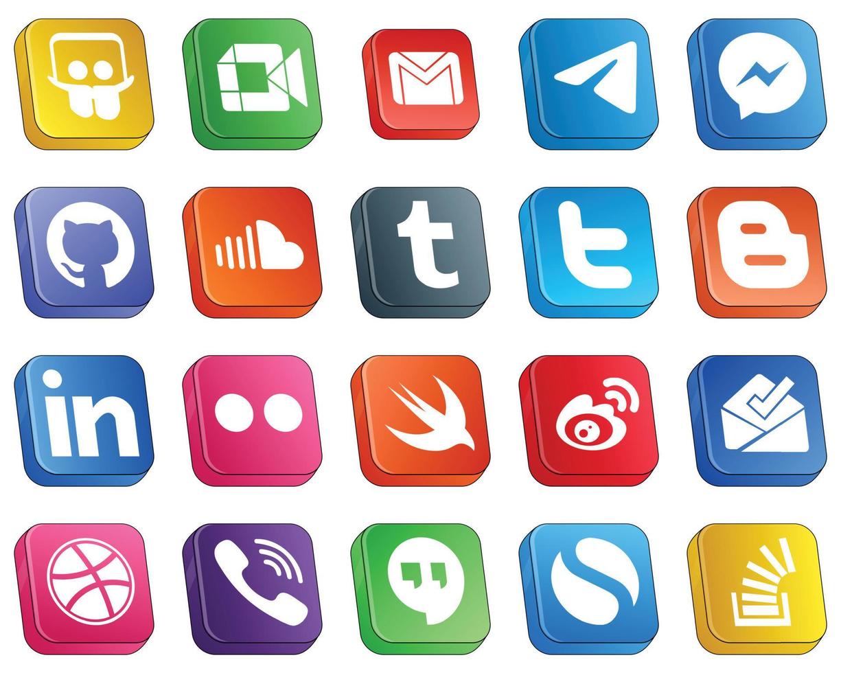 conjunto de iconos de marca de medios sociales 3d isométricos 20 iconos como tumblr. sonido. Mensajero. iconos de soundcloud y fb. premium y de alta calidad vector