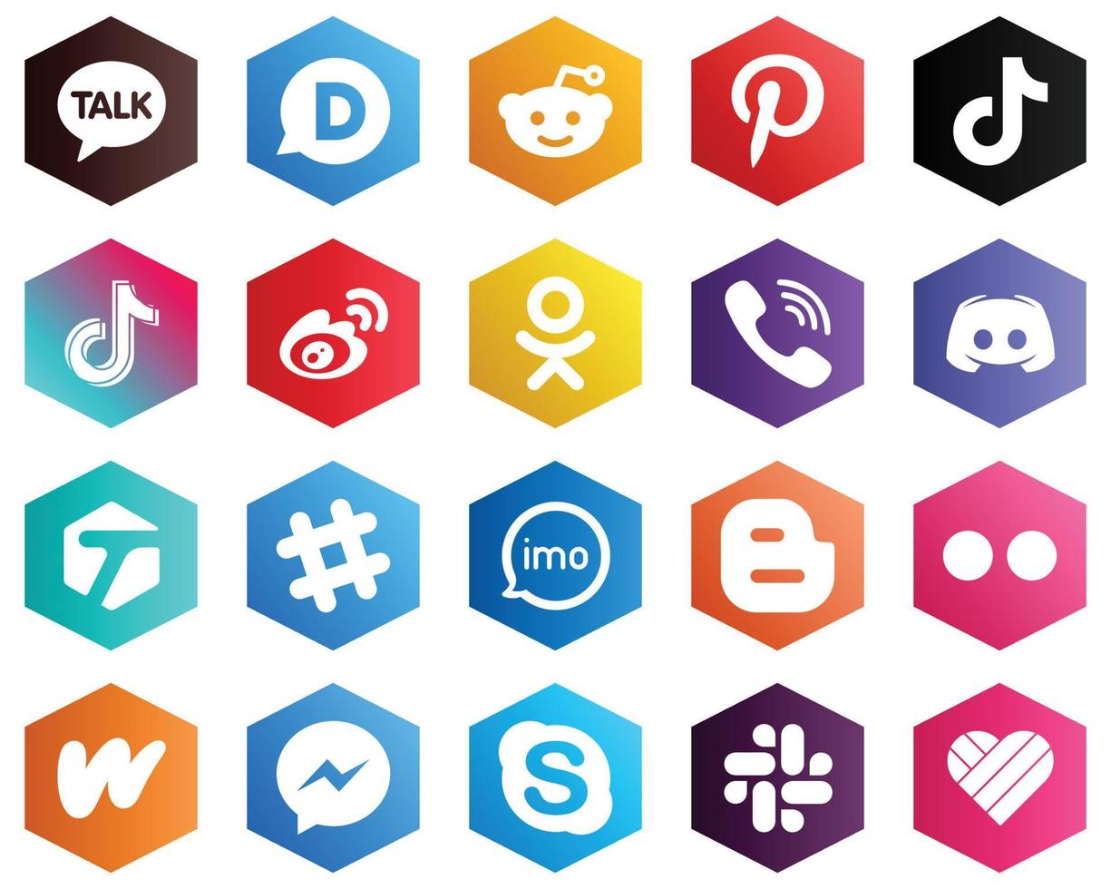 Hexagon Flat Color White Icon Pack such as discord. rakuten and viber icons. 25 Unique Icons vector