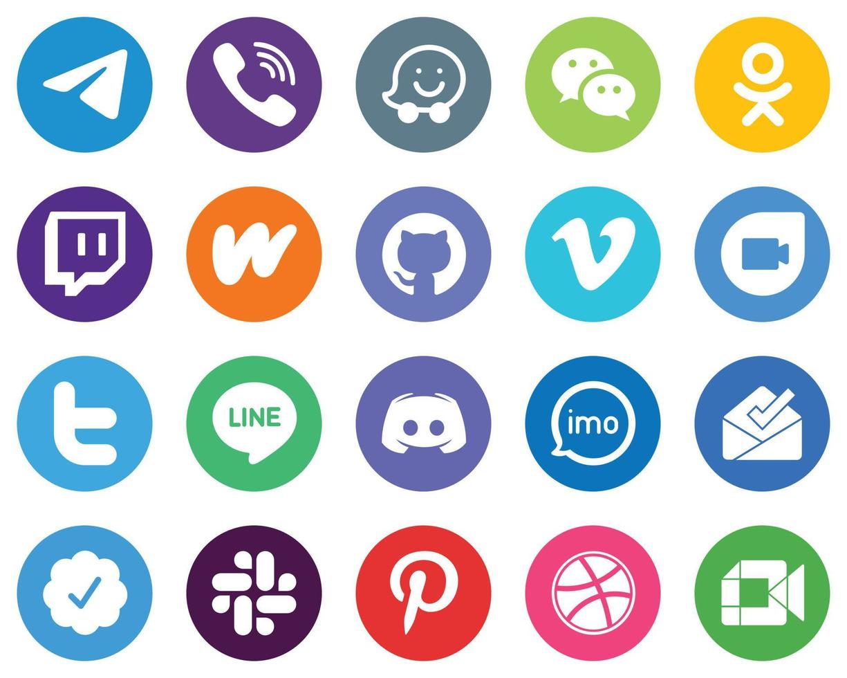 20 Customizable White Icons twitter. video. messenger. vimeo and literature Flat Circle Backgrounds vector