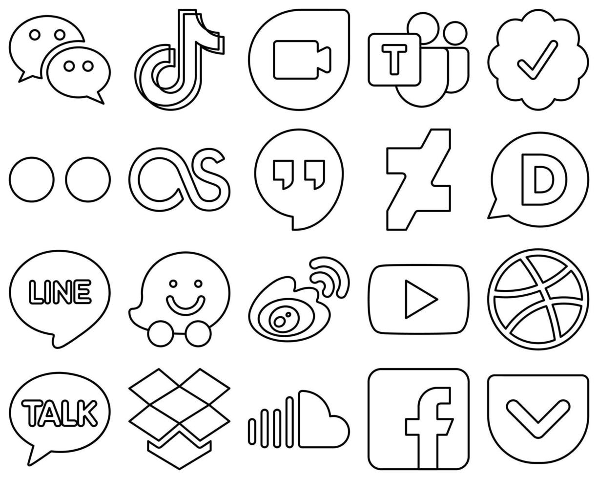 20 conjunto de iconos de redes sociales de contorno negro profesional, como línea. deviantart equipo de Microsoft Hangouts de Google e iconos de Yahoo. profesional y limpio vector