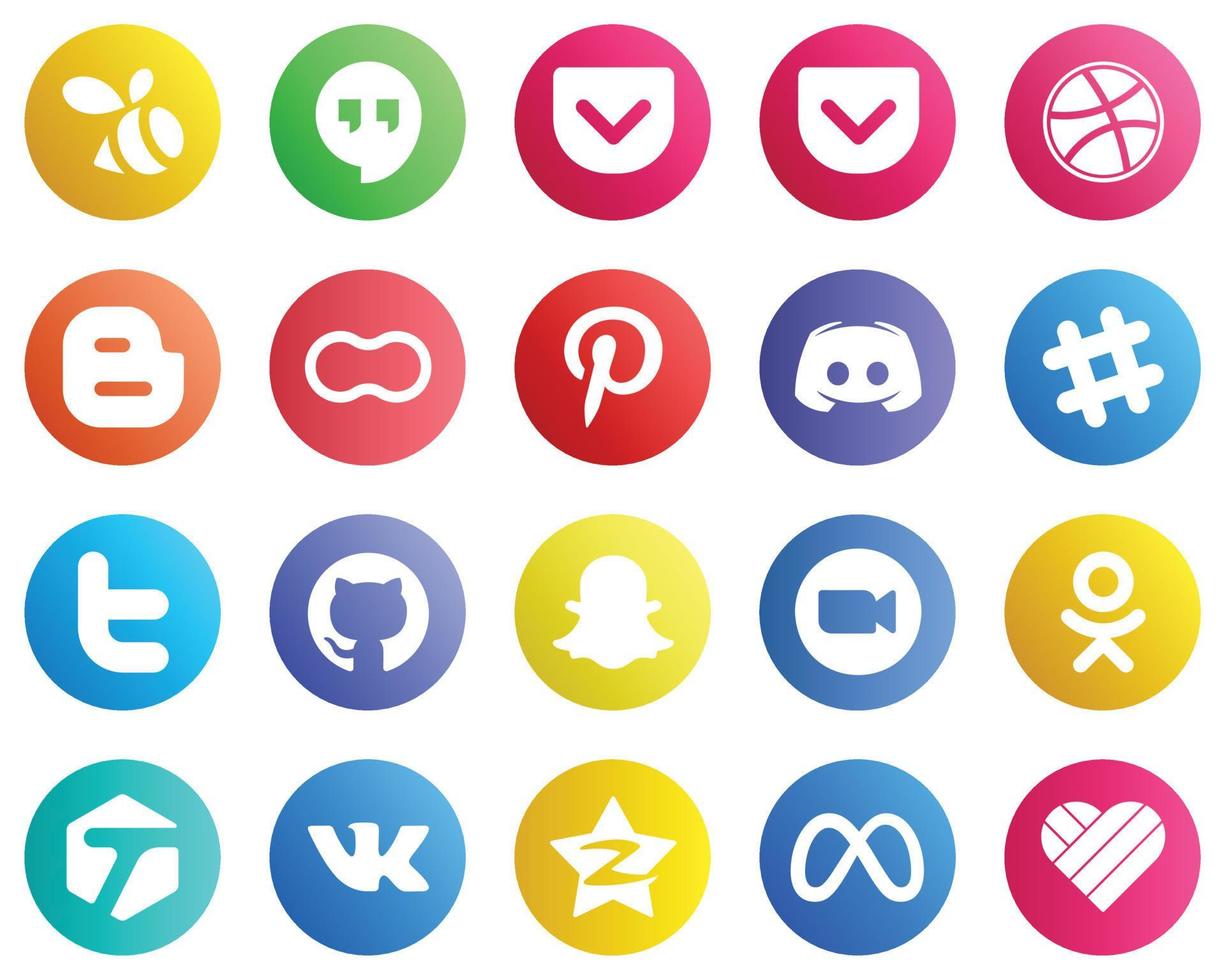 20 íconos esenciales de redes sociales como github. gorjeo. mujeres. iconos de spotify y texto. totalmente editable y profesional vector