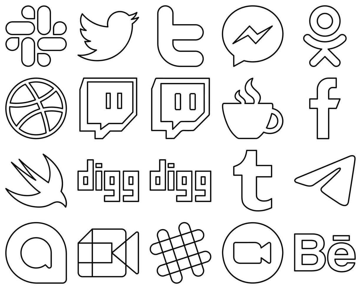 20 Premium Black Line Social Media Icons such as tumblr. swift. twitch and facebook icons. Creative and professional vector