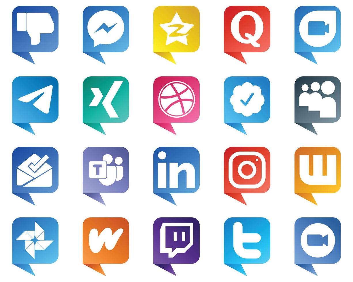 20 íconos profesionales de redes sociales estilo burbuja de chat como myspace. regatear quora iconos de xing y messenger. alta calidad y creativo vector