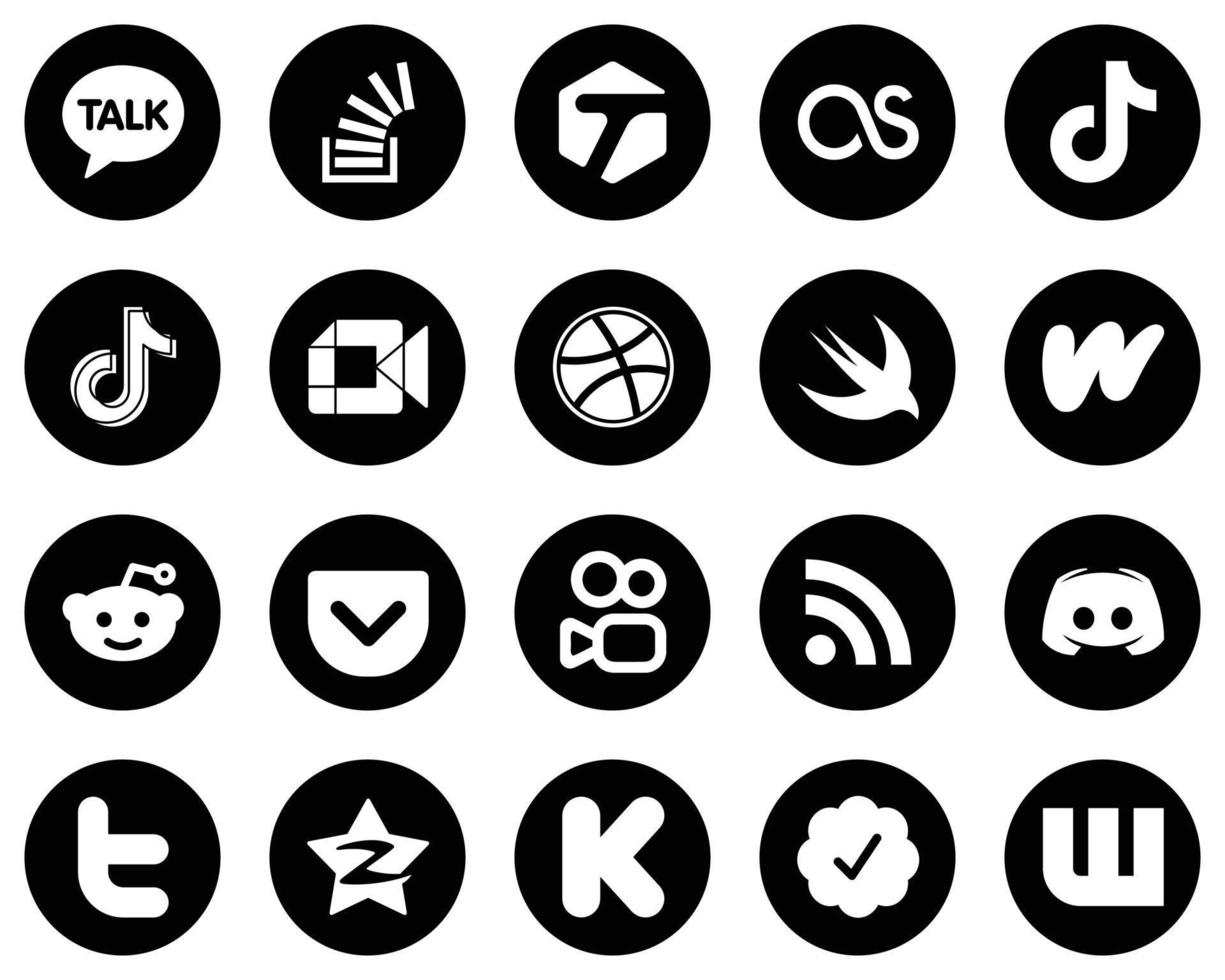 20 Attractive White Social Media Icons on Black Background such as wattpad. dribbble. douyin and google meet icons. Modern and professional vector