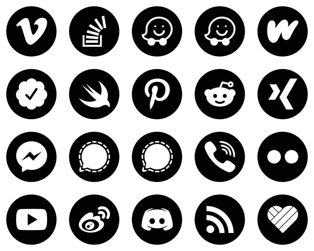 20 iconos modernos de medios sociales blancos sobre fondo negro como señal. Facebook. literatura. iconos de messenger y reddit. alta definición y único vector