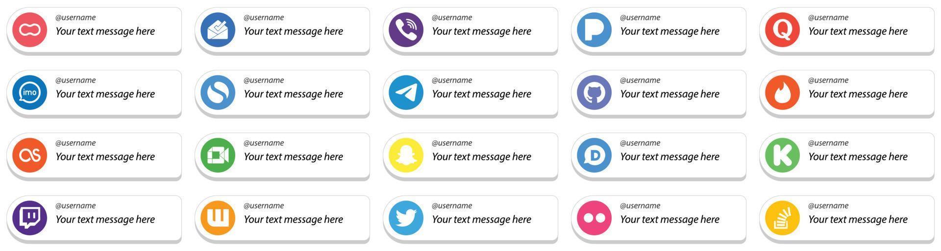 Card Style Follow Me Icons with Customizable Message for Top Social Media 20 pack such as telegram. quora. simple and video icons. Clean and professional vector