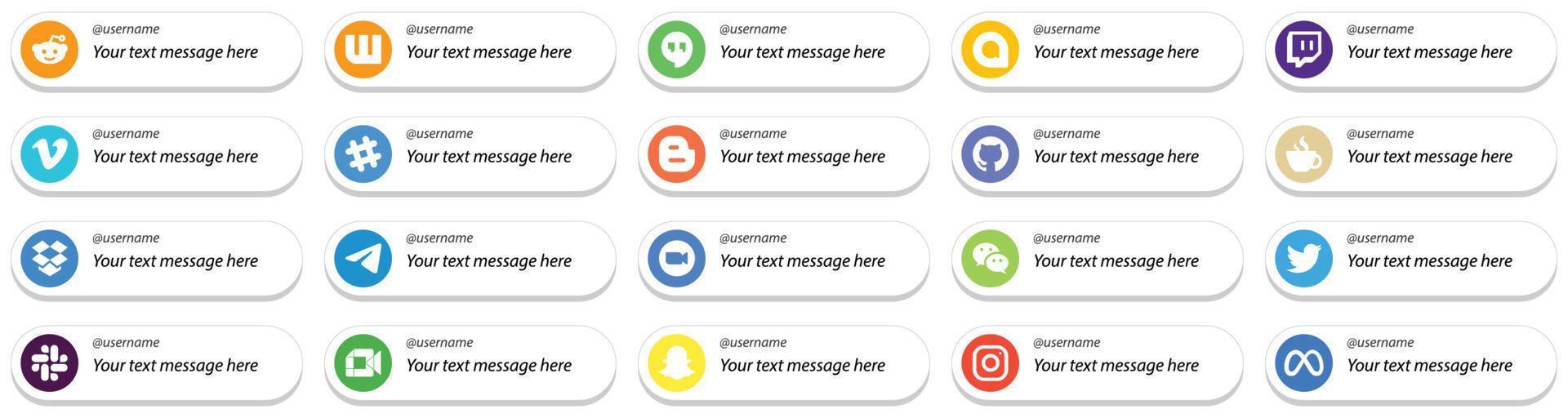 20 Elegant Card Style Follow Me Social Media Icons with Custom Message Option such as telegram. blogger. dropbox and streaming icons. Professional and clean vector