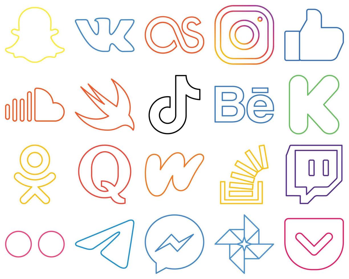 20 íconos de redes sociales de contorno colorido de alta calidad, como behance. China. nube de sonido video y tiktok totalmente personalizable y profesional vector