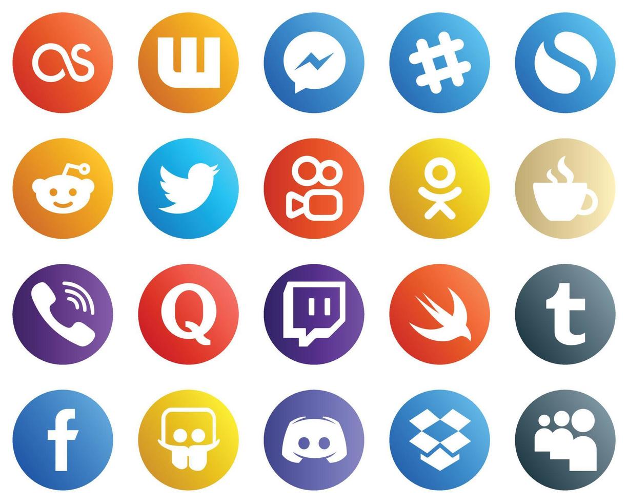 20 íconos únicos de redes sociales como viber. iconos de twitter y cafeína. versátil y premium vector