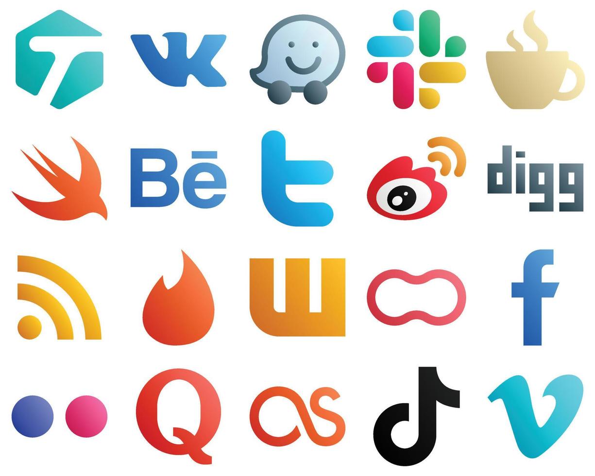 20 High Resolution Gradient Social Media Icons such as feed. digg. behance and sina icons. Creative and professional vector