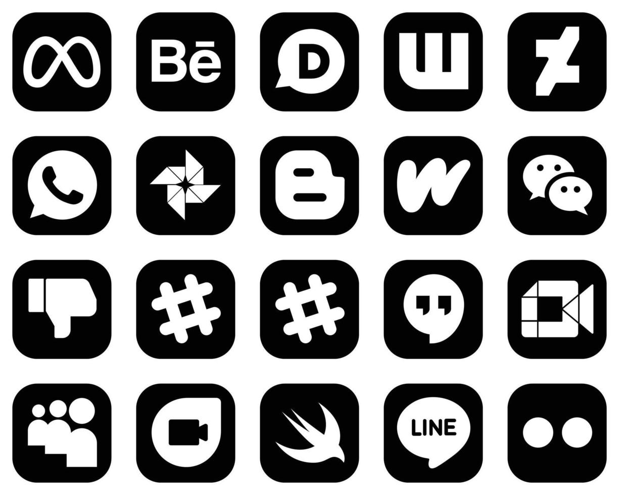 20 Minimalist White Social Media Icons on Black Background such as google hangouts. facebook. blogger. dislike and wechat icons. Versatile and premium vector