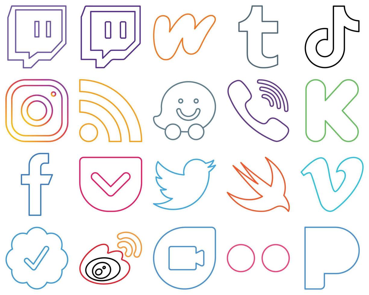 20 íconos de redes sociales de contorno colorido premium y profesional como viber. waze y rss alta definición y editable vector