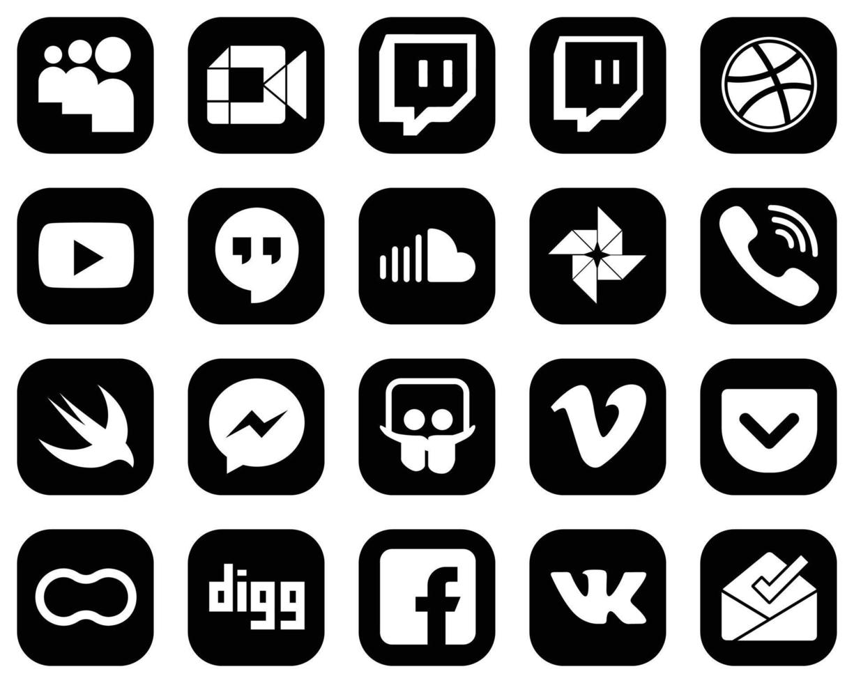 20 Attractive White Social Media Icons on Black Background such as messenger. google hangouts. rakuten and google photo icons. High-quality and creative vector