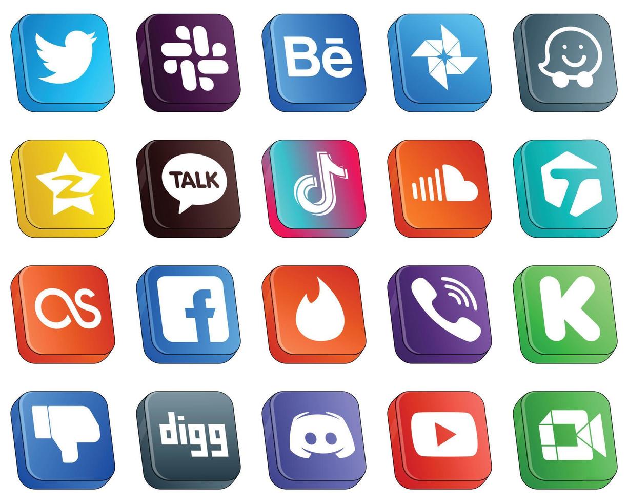 20 iconos isométricos simples de redes sociales en 3d, como música. Iconos de video y soundcloud. versátil y de alta calidad vector