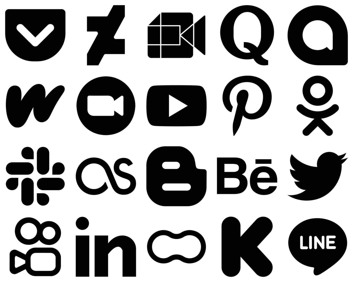 20 Modern Black Solid Social Media Icons such as odnoklassniki. video. wattpad. youtube and meeting icons. High-quality and modern vector