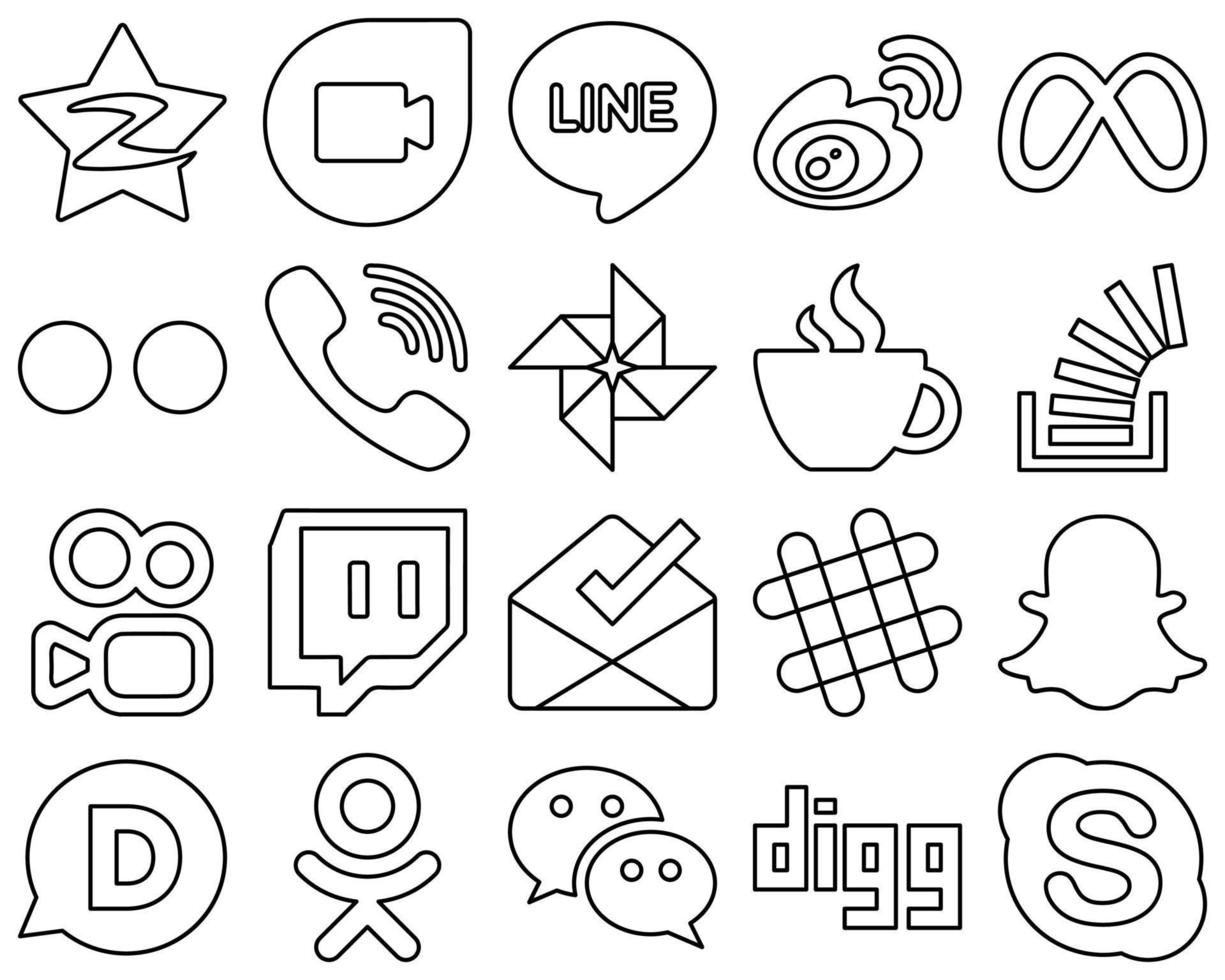 20 Stylish and high-resolution Black Outline Social Media Icons such as caffeine. rakuten and yahoo icons. Creative and professional vector