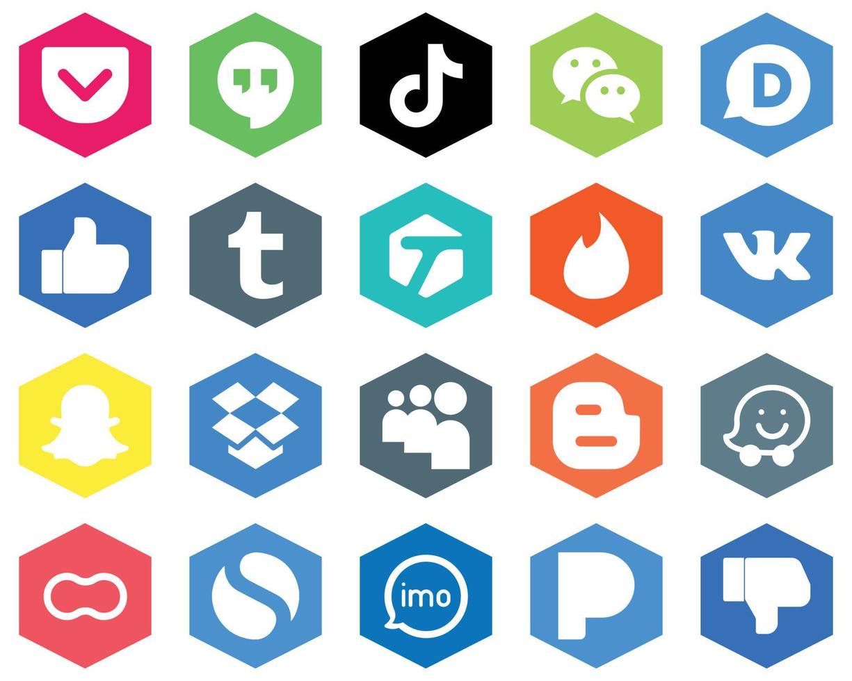 Dropbox de 20 iconos blancos innovadores. vk. Mensajero. yesca y tumblr fondos hexagonales de color plano vector