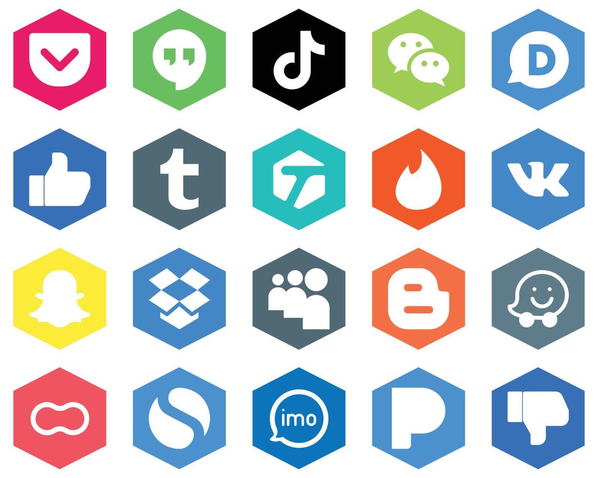 20 Innovative White Icons dropbox. vk. messenger. tinder and tumblr Hexagon Flat Color Backgrounds vector