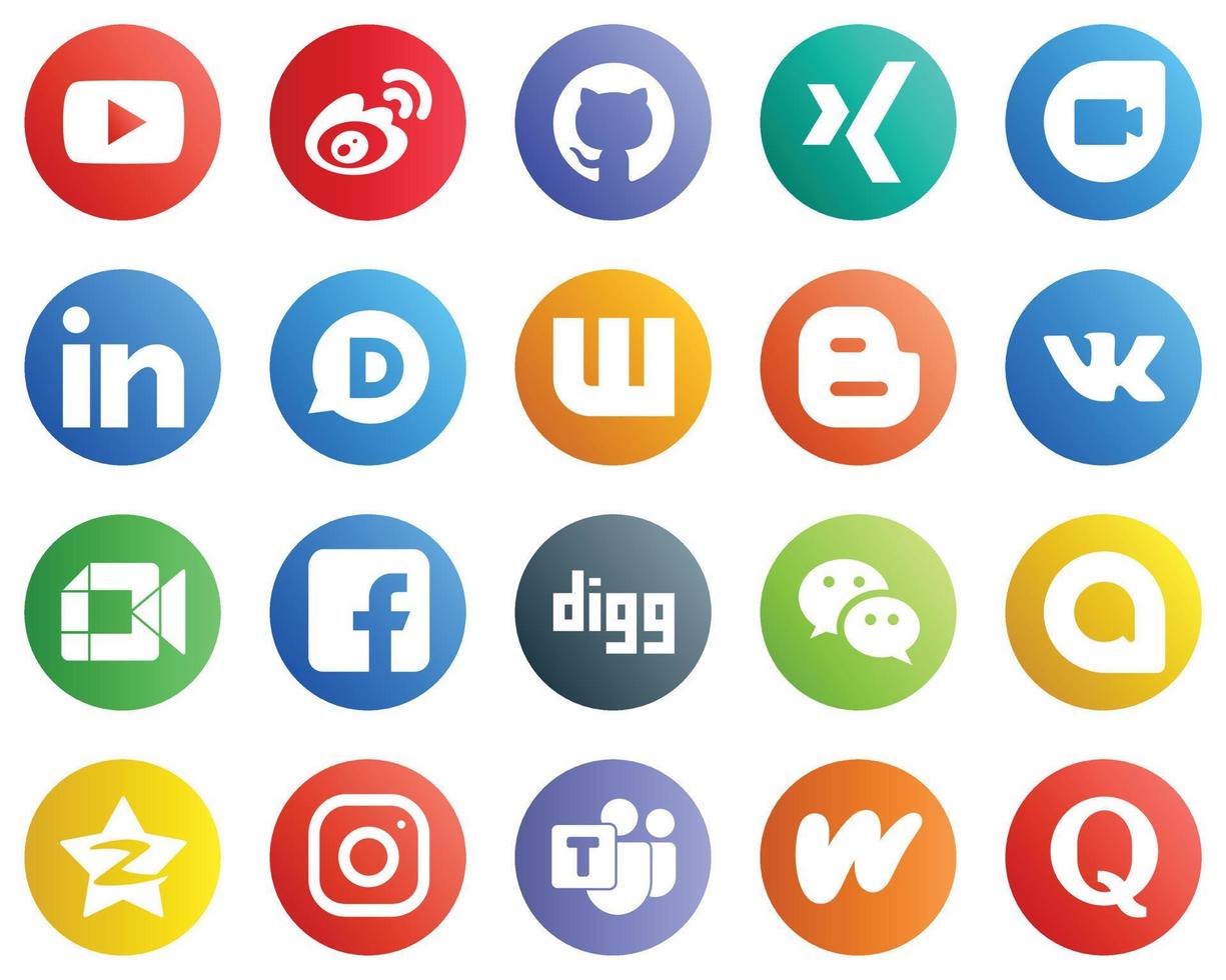 20 íconos de redes sociales de alta calidad como video. vk. dúo de google. iconos de blog y wattpad. alta definición y versátil vector