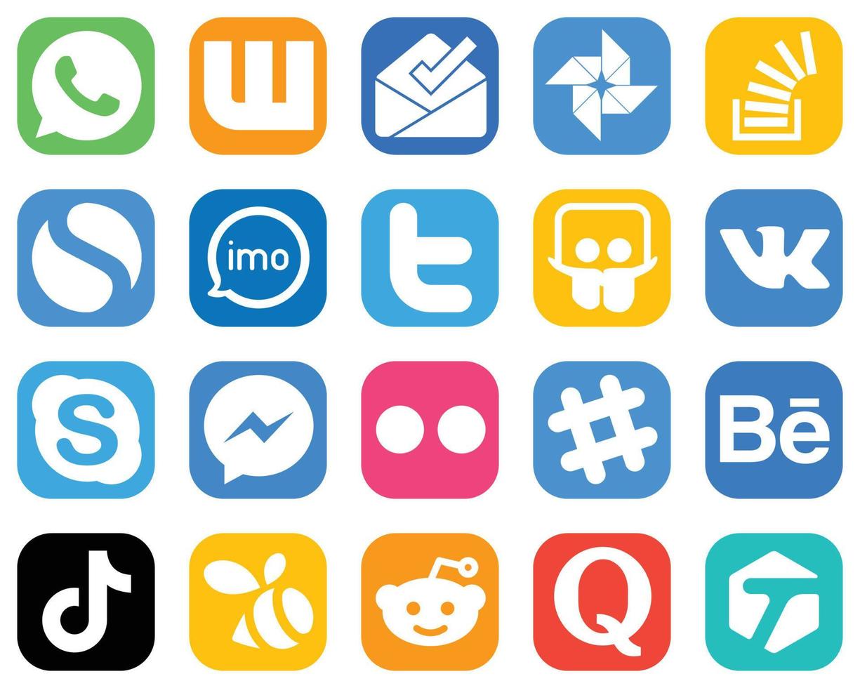 todo en un icono de redes sociales establece 20 iconos como skype. compartir diapositivas. iconos simples y de tweet. paquete de iconos de degradado vector