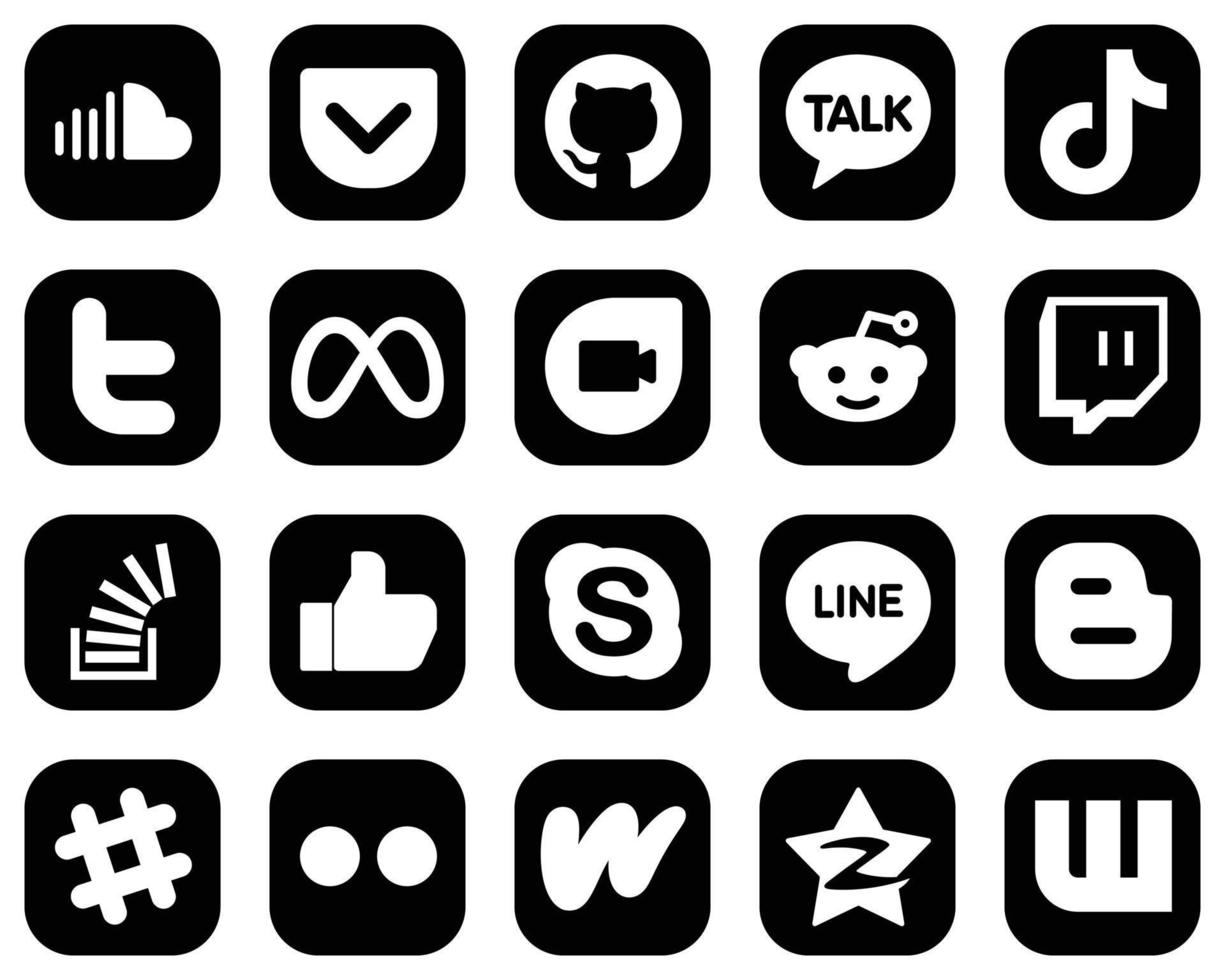 20 Attractive White Social Media Icons on Black Background such as twitch. google duo. video. facebook and tweet icons. Modern and professional vector