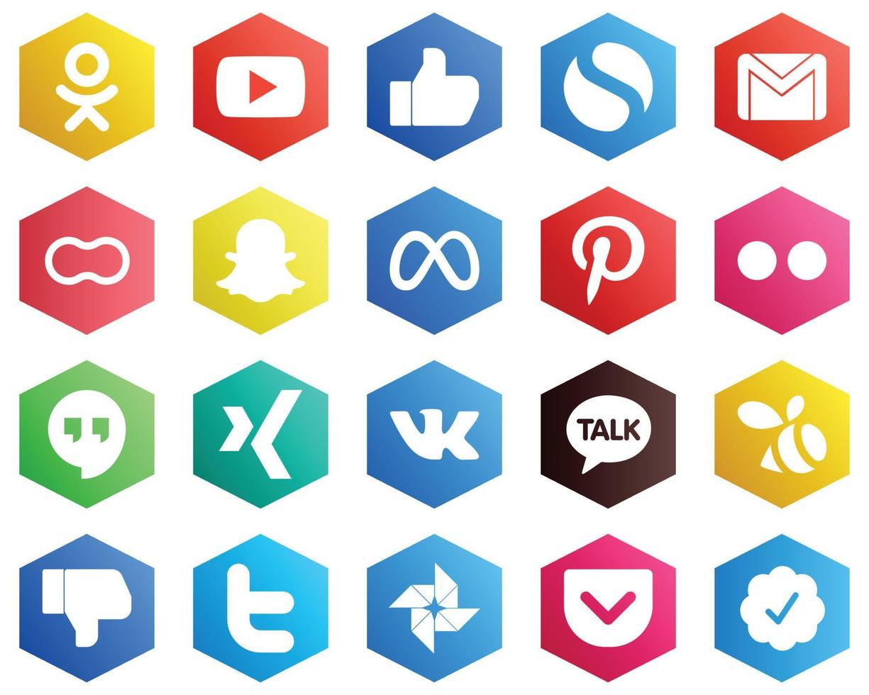 25 elegantes íconos blancos como yahoo. pinterest correo. iconos de facebook y snapchat. fondos de color plano hexagonal vector