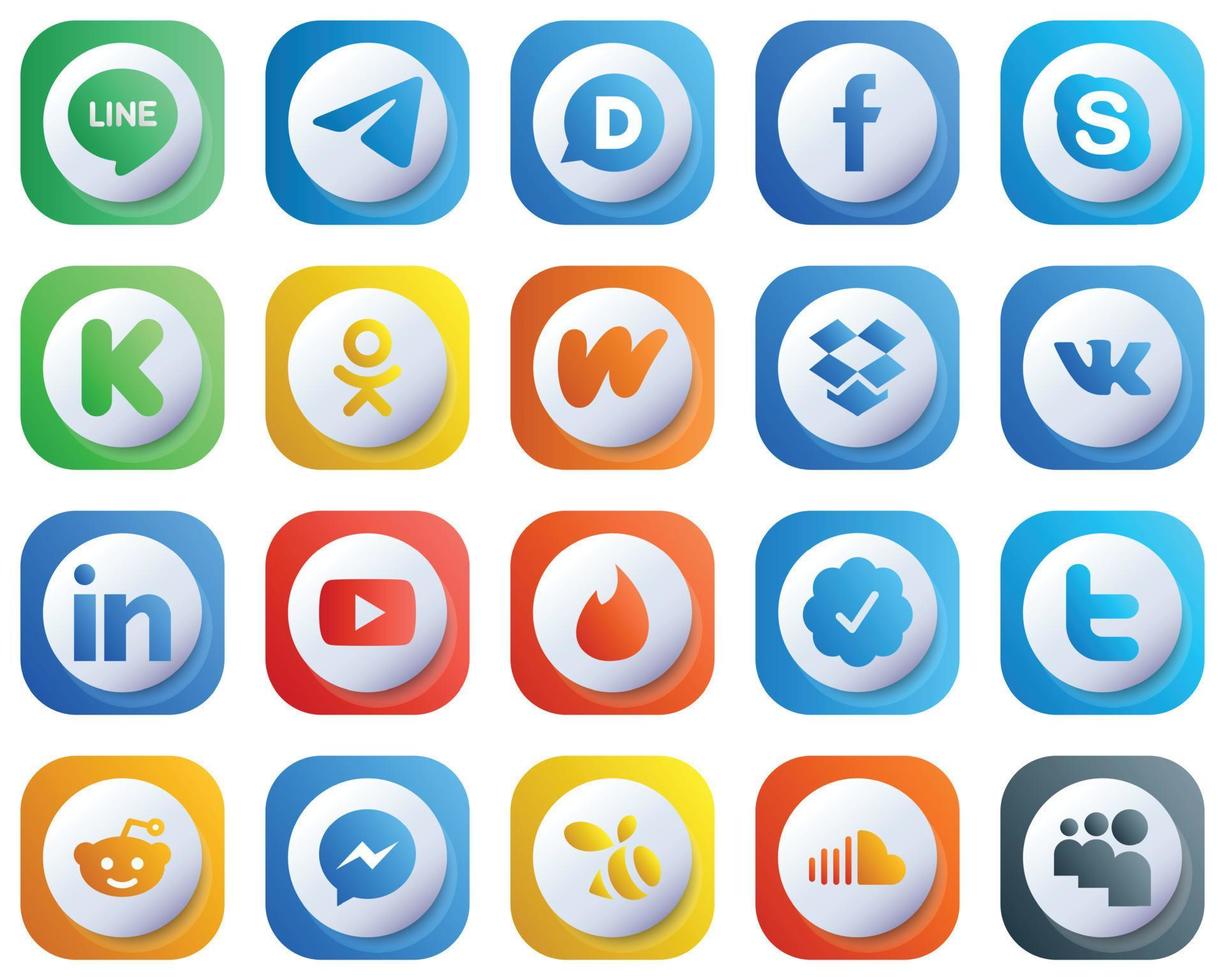 20 Cute High Quality 3D Gradient Social Media Icons such as linkedin. dropbox. skype. literature and odnoklassniki icons. Professional and Customizable vector