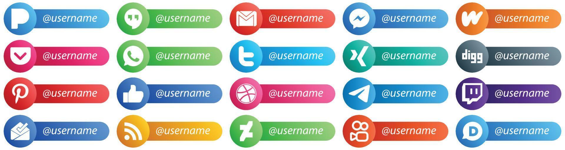 Card Style Icons for Popular Social Networks with Username 20 pack such as like. digg. wattpad. xing and twitter icons. High resolution and fully customizable vector