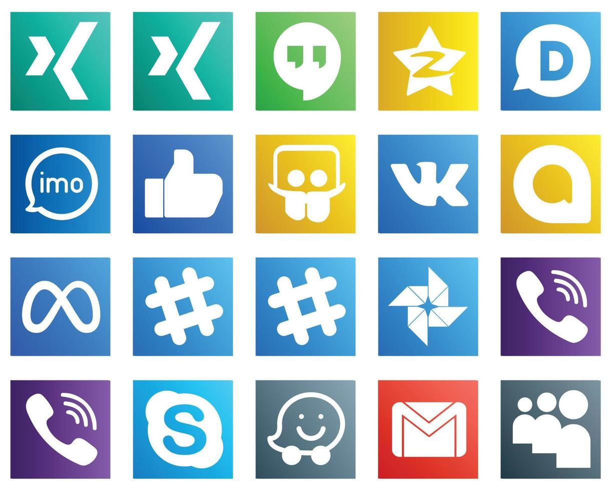 20 íconos populares de redes sociales como spotify. meta. video. iconos de google allo y slideshare. elegante y de alta resolución vector