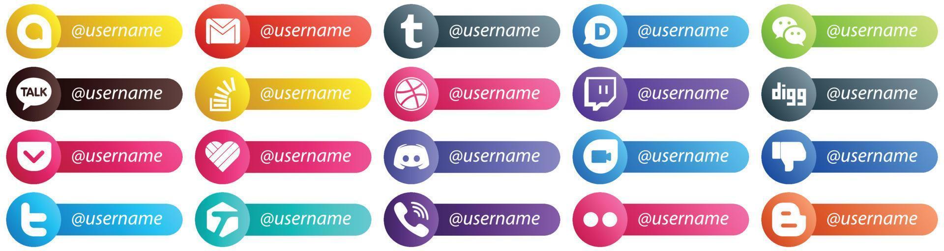 20 Unique Follow me Social Network Platform Card Style Icons such as likee. digg. kakao talk. twitch and overflow icons. Eye catching and high definition vector