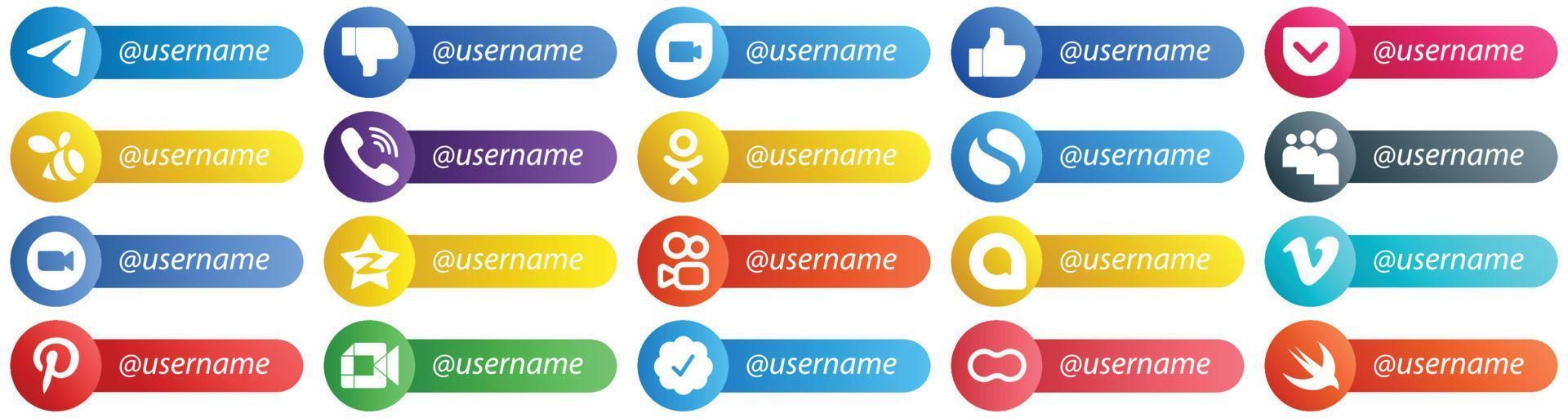 20 Simple Follow me Social Network Platform Card Style Icons such as video. myspace. pocket and simple icons. Versatile and high quality vector