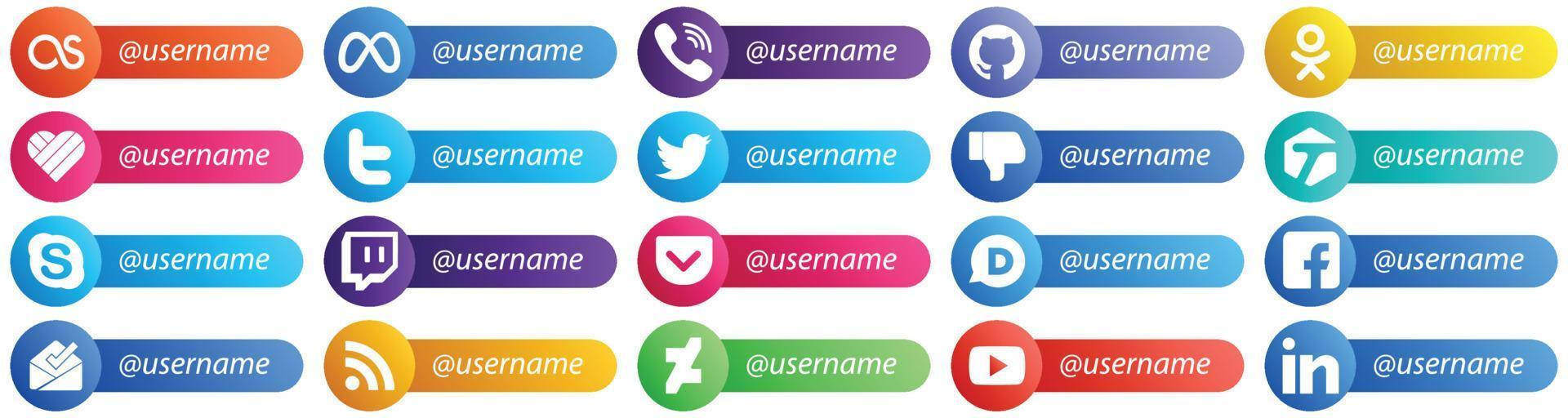 Follow me Social Network Platform Card Style Icons 20 pack such as pocket. chat. likee. skype and facebook icons. Creative and professional vector